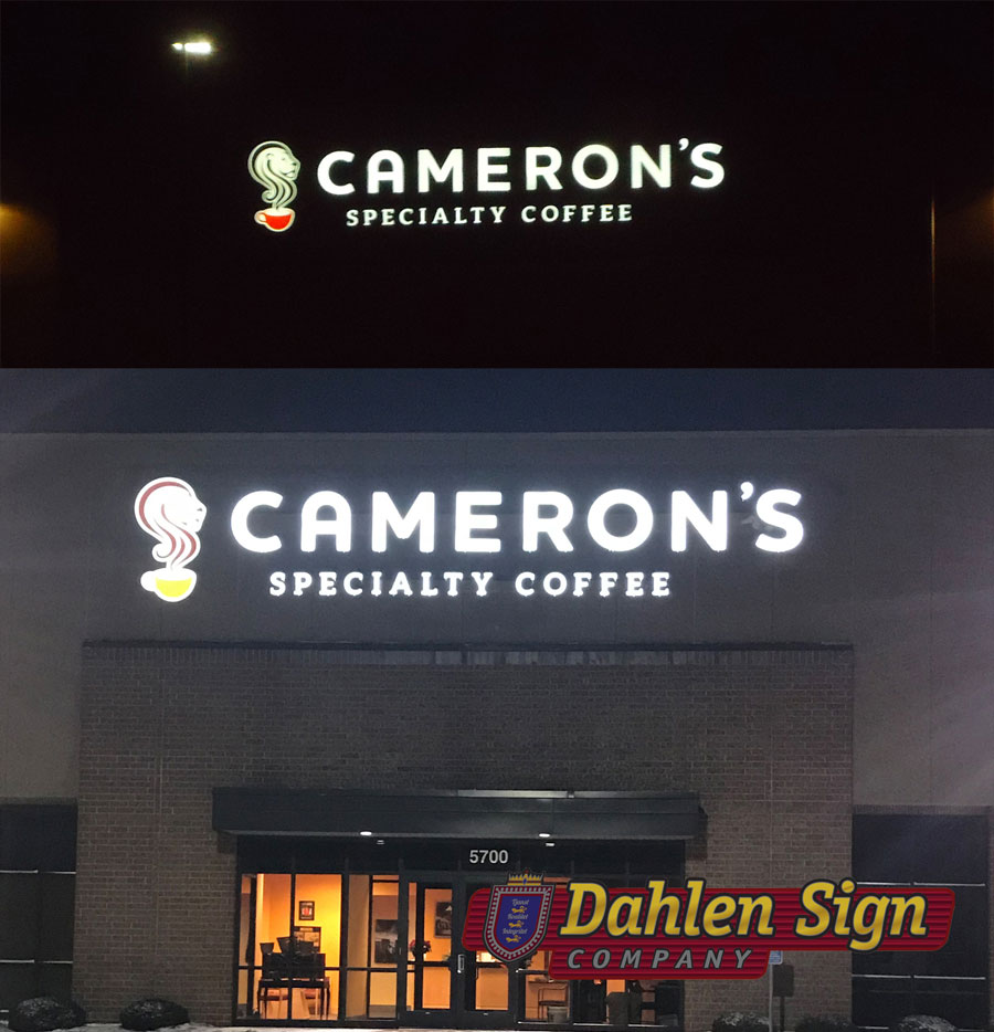 Cameron's Specialty Coffer backlit sign designed by Dahlen Sign Company