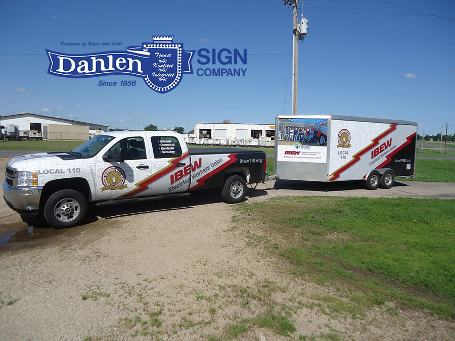 IBEW truck and trailer with custom signs from Dahlen Sign Company
