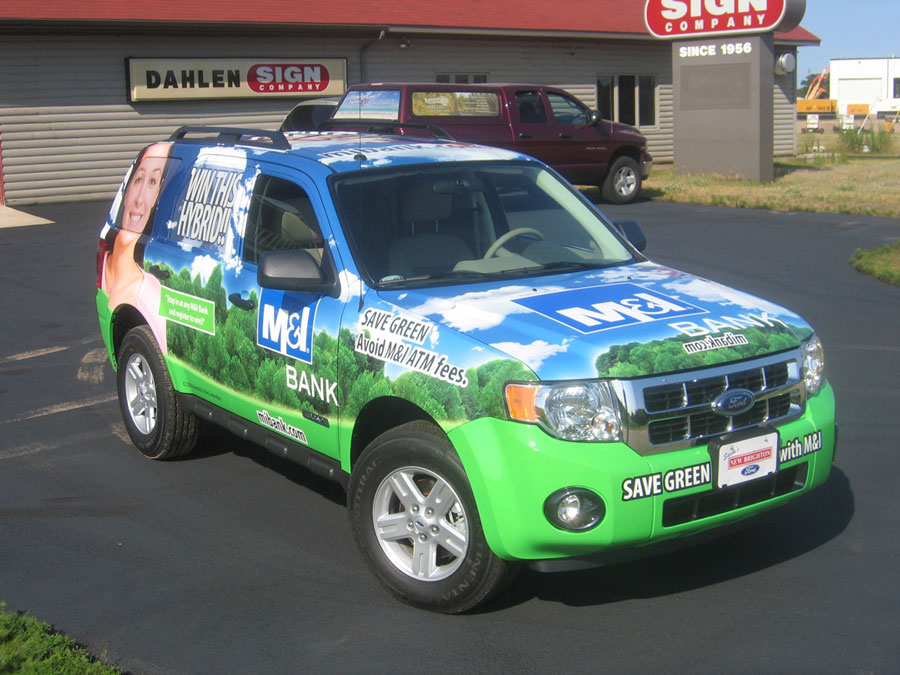 M & I Bank vehicle with custom car wrap designed by Dahlen Sign Company