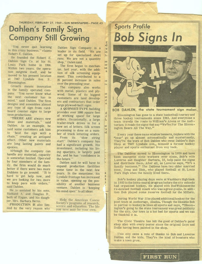 Newspaper article about Dahlen Sign Company